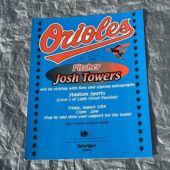 Vintage MLB Baltimore Orioles JOSH TOWERS Pitcher Autographed Poster Sign